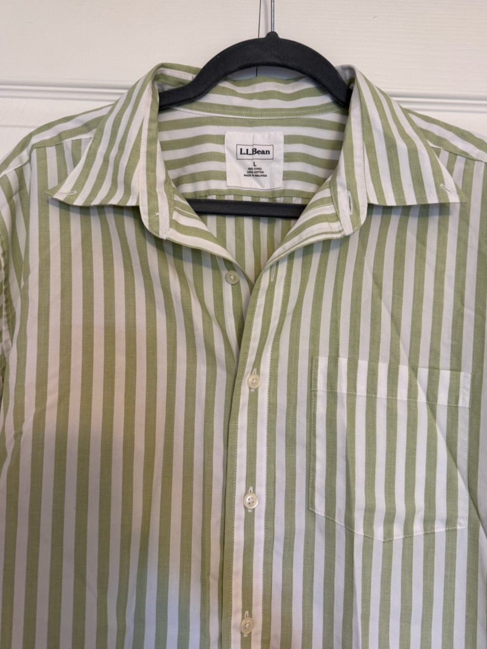 L.L. Bean Men’s Green and White Vertical Stripe Button-Down Shirt